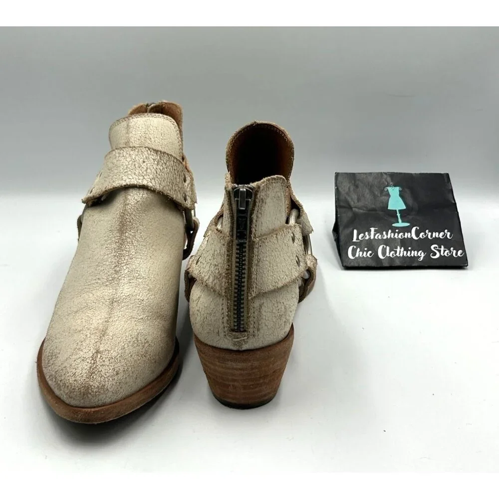 Frye Women Distressed Beige Leather Ray Harness Western Ankle Boots Sz 9.5 3255 - Picture 11 of 16